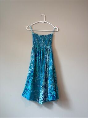 Girls Teal Tropical Print Sundress with Smocked Bodice